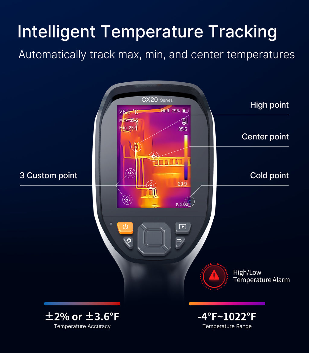 Raythink CX20 Thermal Camera with AI Super Resolution 512x384, 256x192 Infrared Resolution, 25Hz, 40mK, 32GB Storage, 6-Hour Battery, IP54 for Electrical and HVAC Inspection