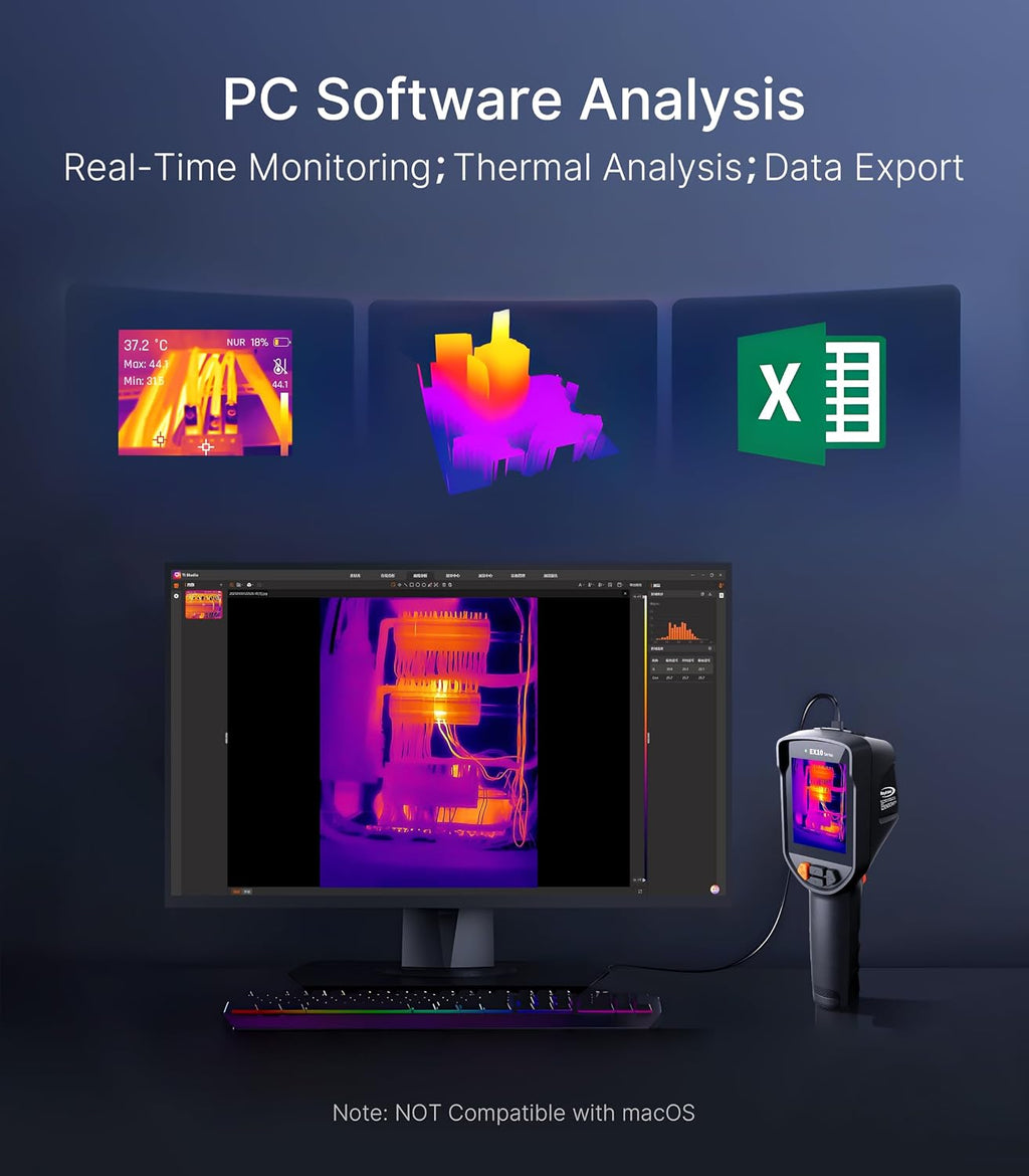 Raythink EX10 Thermal Camera with Super Resolution 320x240, 160x120 Infrared Resolution, 40mK, 25Hz, 8GB Storage, 10-Hour Battery, IP54 for Electrical and HVAC Inspection