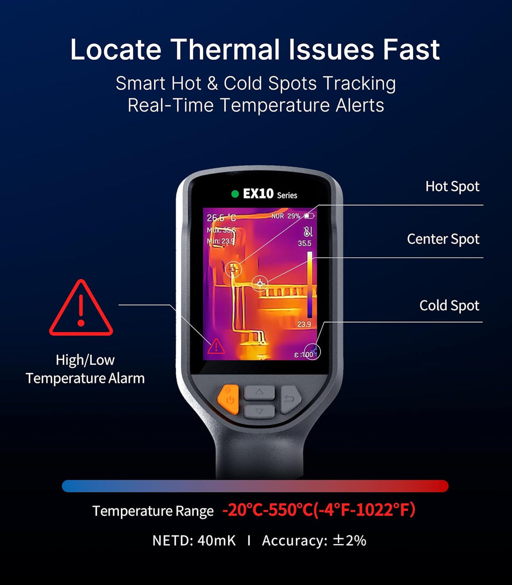 Raythink EX10 Thermal Camera with Super Resolution 320x240, 160x120 Infrared Resolution, 40mK, 25Hz, 8GB Storage, 10-Hour Battery, IP54 for Electrical and HVAC Inspection