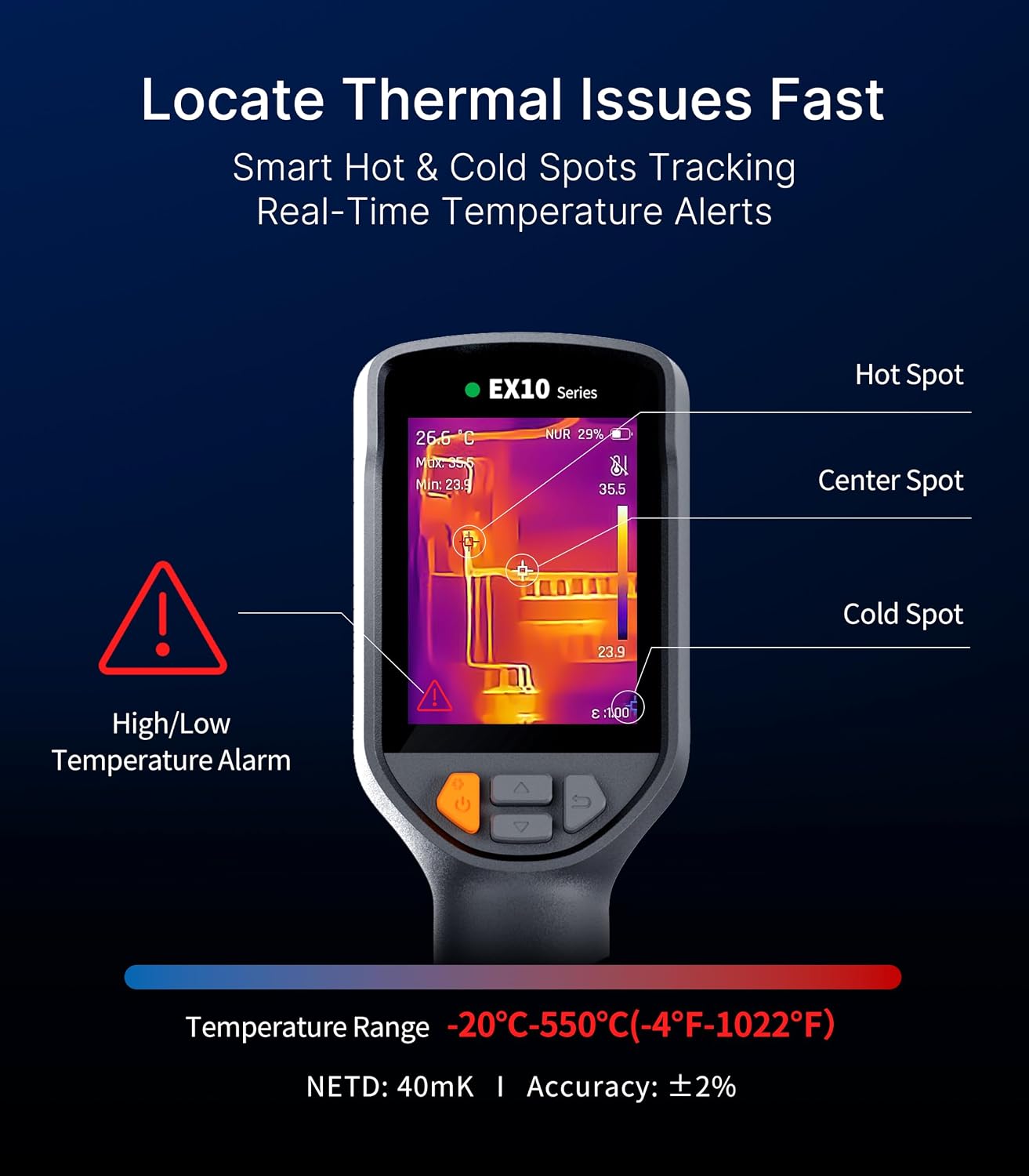 Raythink EX10 PRO Thermal Camera with Super Resolution 320x240, 160x120 Infrared Resolution, 2MP Visible Light, 4 Imaging Modes, Laser Pointer, 6 Custom Points, 8GB Storage, 10-Hour Battery, IP54 for Electrical and HVAC Inspection