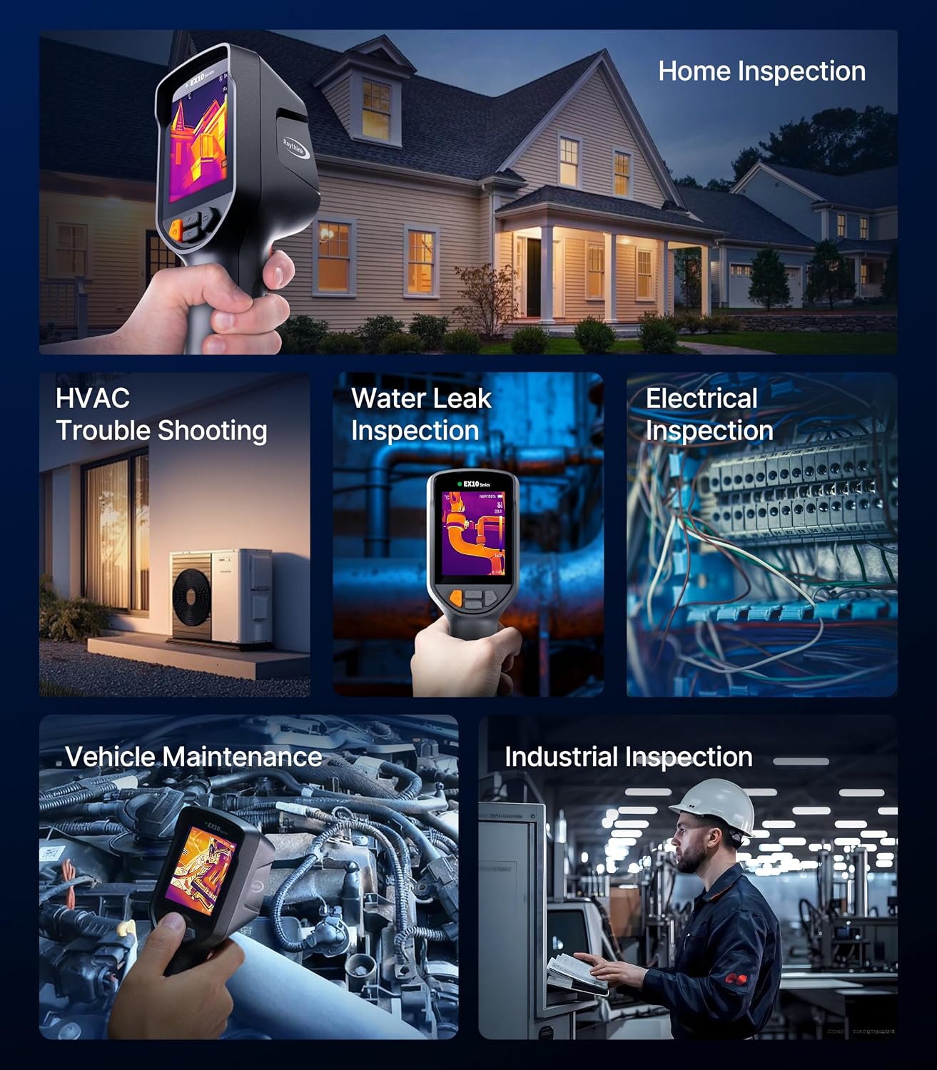 Raythink EX10 PRO Thermal Camera with Super Resolution 320x240, 160x120 Infrared Resolution, 2MP Visible Light, 4 Imaging Modes, Laser Pointer, 6 Custom Points, 8GB Storage, 10-Hour Battery, IP54 for Electrical and HVAC Inspection