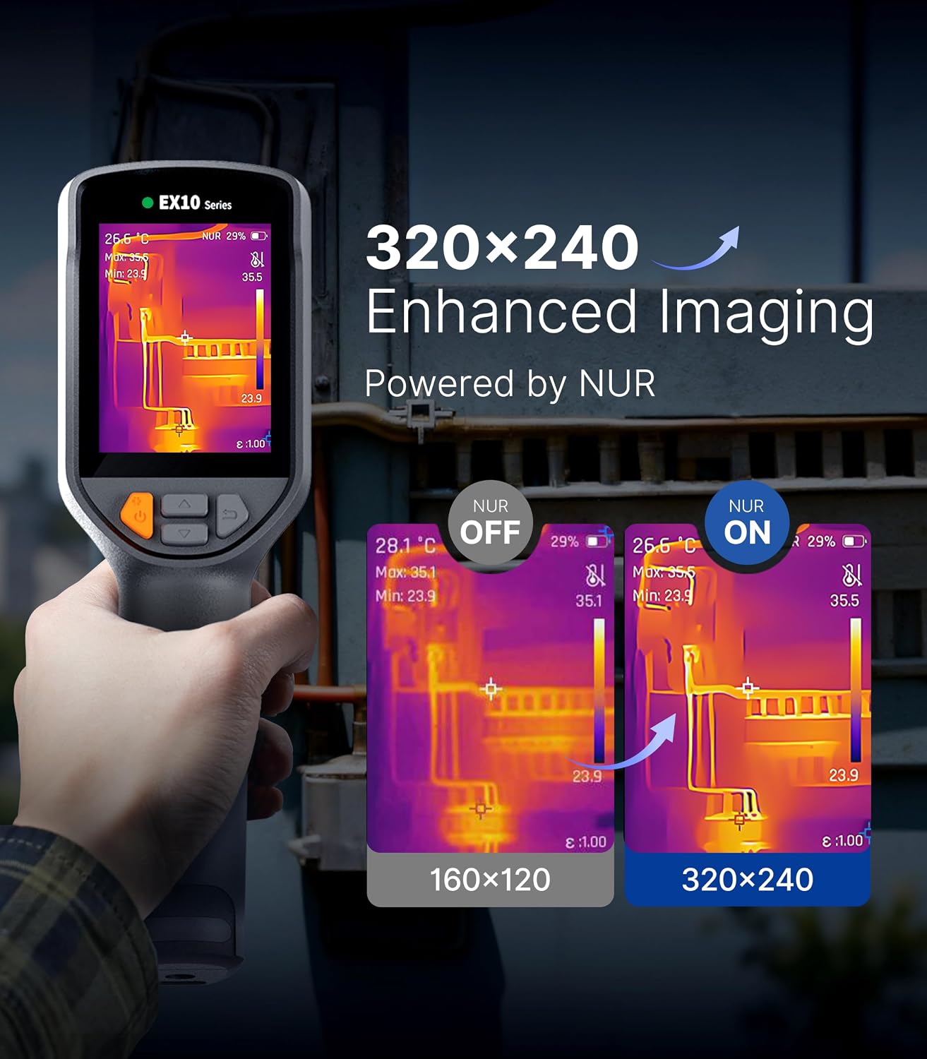 Raythink EX10 Thermal Camera with Super Resolution 320x240, 160x120 Infrared Resolution, 40mK, 25Hz, 8GB Storage, 10-Hour Battery, IP54 for Electrical and HVAC Inspection