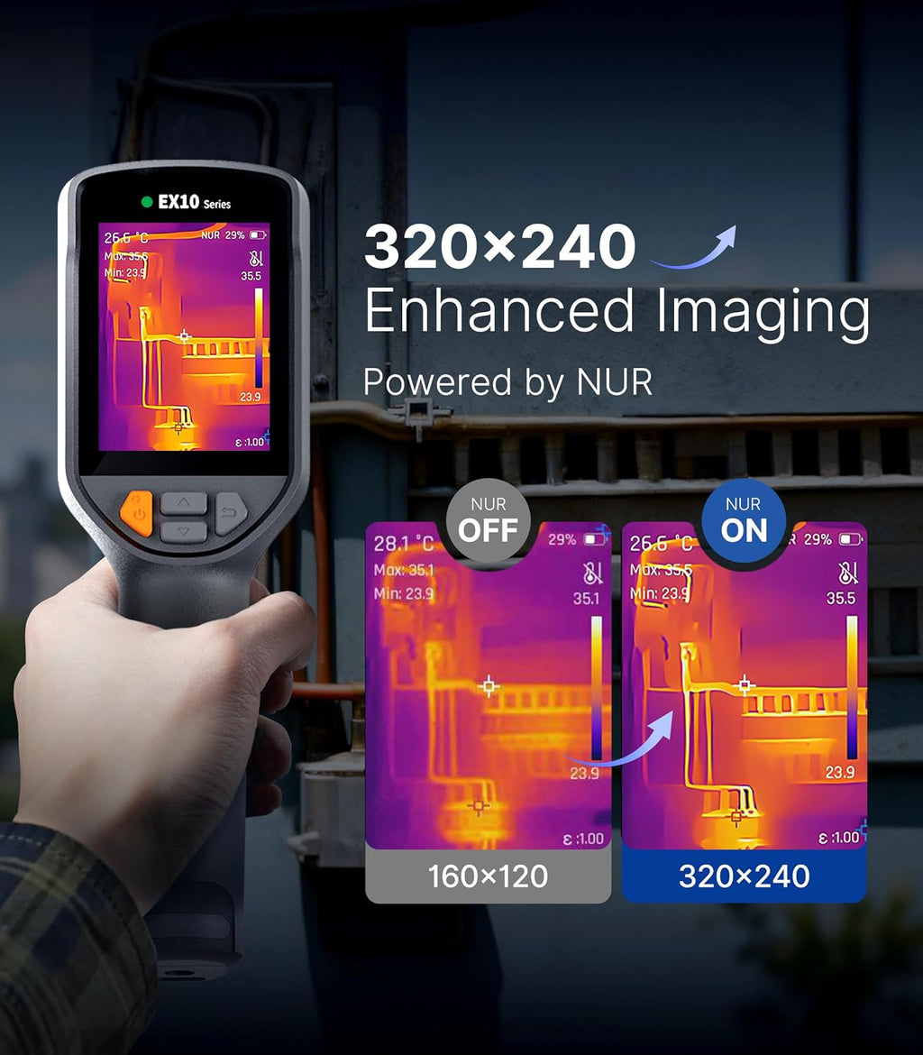 Raythink EX10 PRO Thermal Camera with Super Resolution 320x240, 160x120 Infrared Resolution, 2MP Visible Light, 4 Imaging Modes, Laser Pointer, 6 Custom Points, 8GB Storage, 10-Hour Battery, IP54 for Electrical and HVAC Inspection