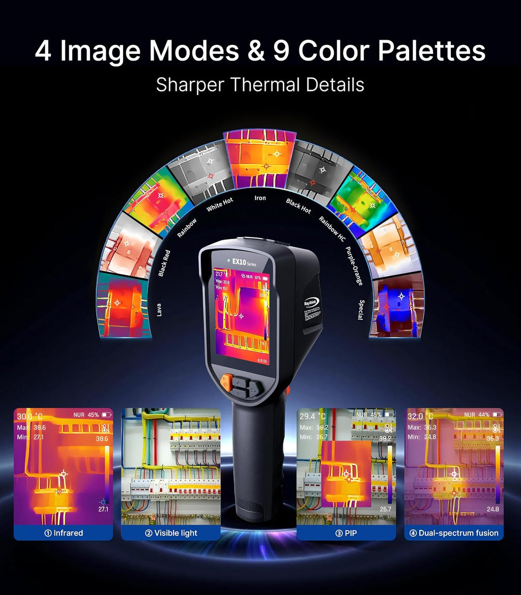 Raythink EX10 PRO Thermal Camera with Super Resolution 320x240, 160x120 Infrared Resolution, 2MP Visible Light, 4 Imaging Modes, Laser Pointer, 6 Custom Points, 8GB Storage, 10-Hour Battery, IP54 for Electrical and HVAC Inspection