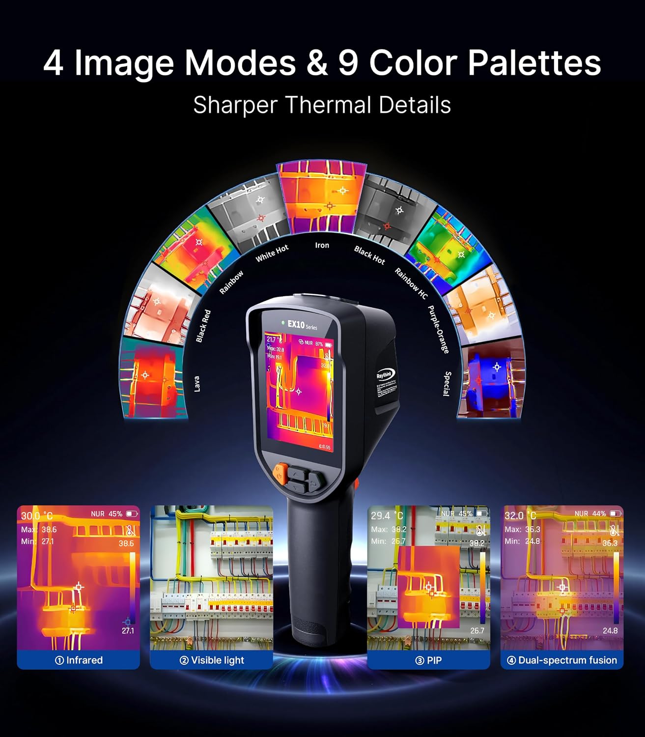 Raythink EX10 PRO Thermal Camera with Super Resolution 320x240, 160x120 Infrared Resolution, 2MP Visible Light, 4 Imaging Modes, Laser Pointer, 6 Custom Points, 8GB Storage, 10-Hour Battery, IP54 for Electrical and HVAC Inspection